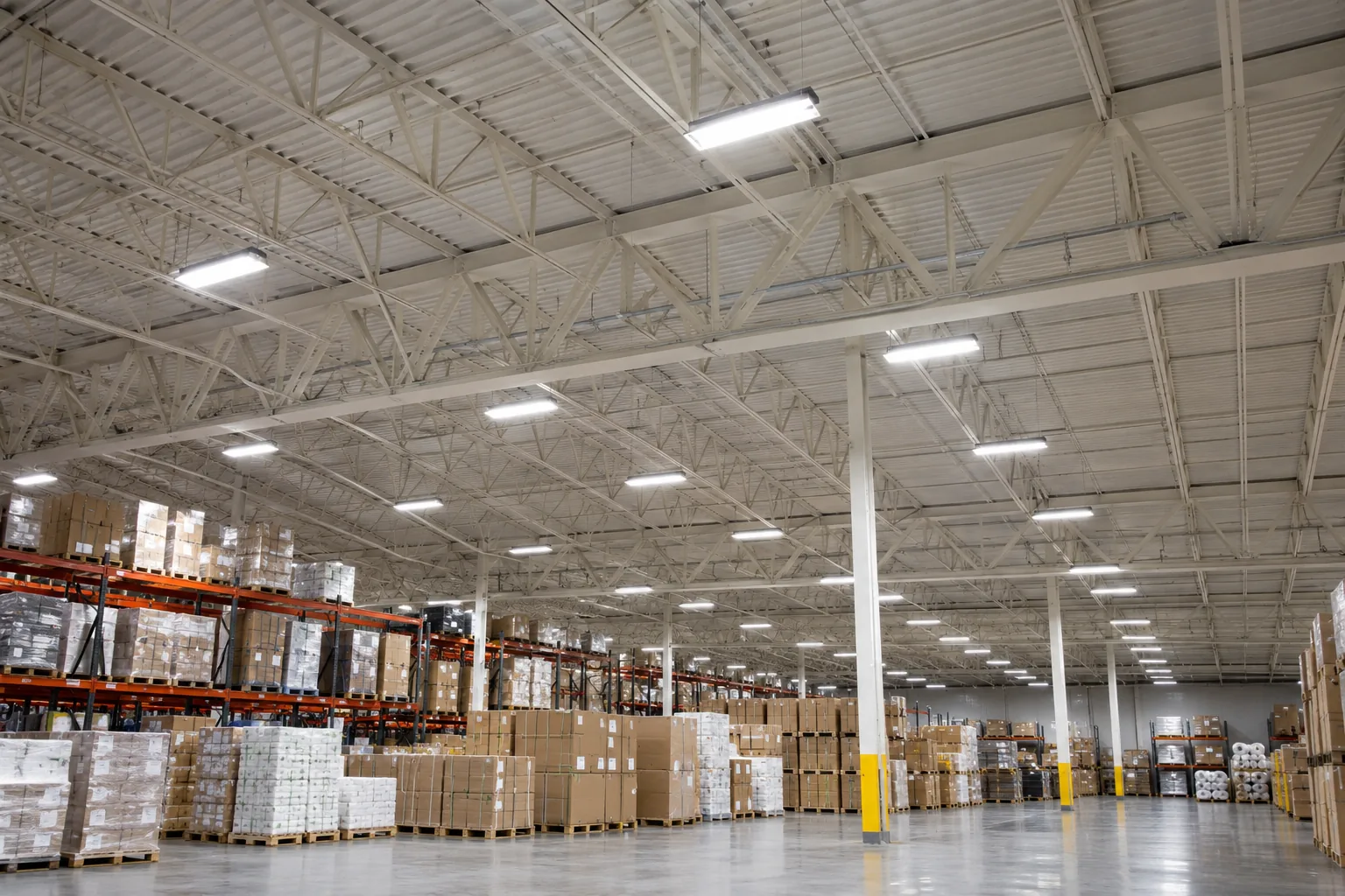 Rectangular LED high bays beneath painted warehouse roof trusses