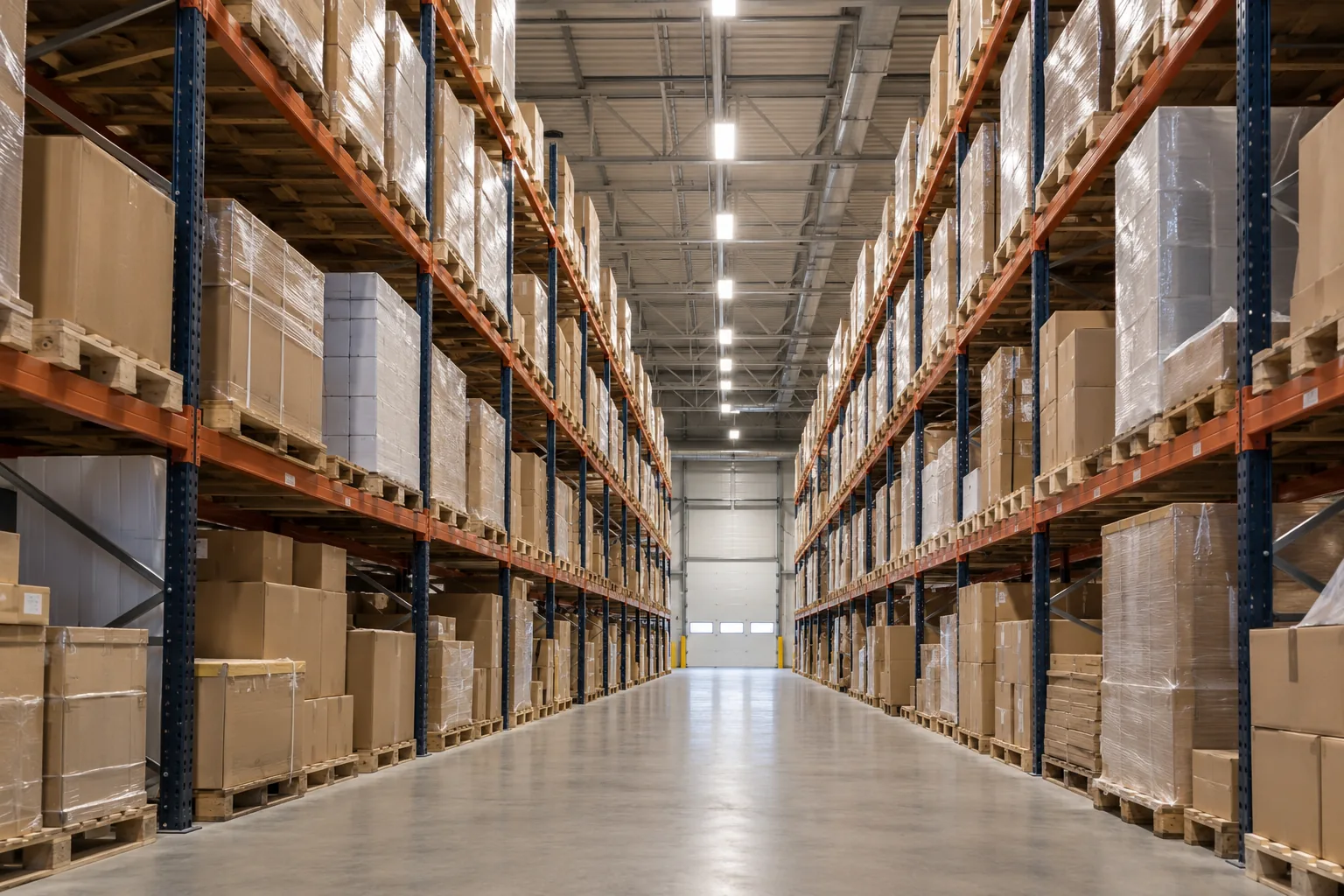 A row of linear fixtures above a tall pallet-rack aisle