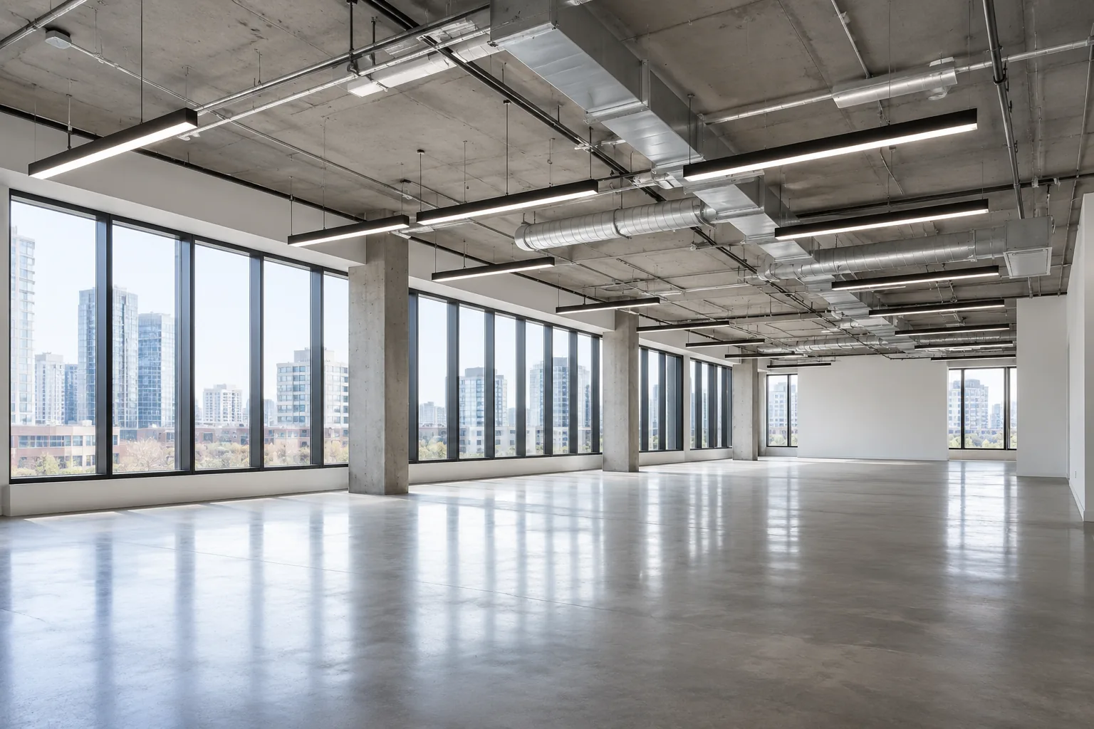 Suspended linear fixtures across an empty commercial tenant floor