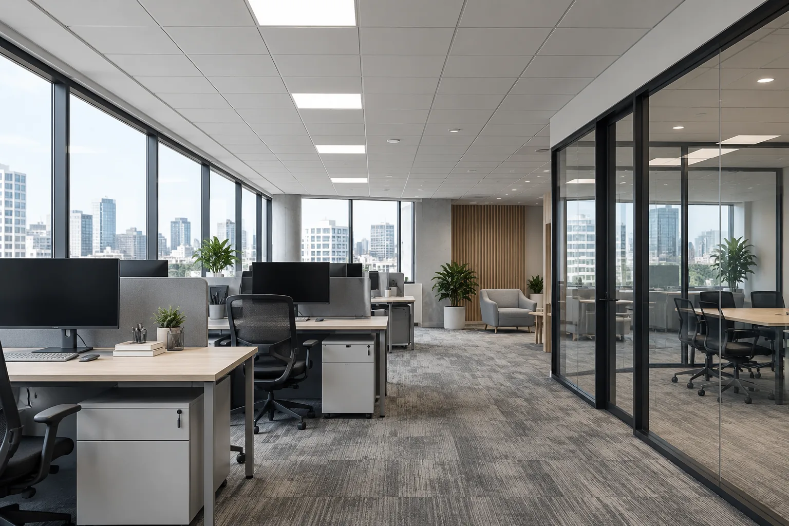 LED ceiling panels above office desks and a glazed meeting-room wall