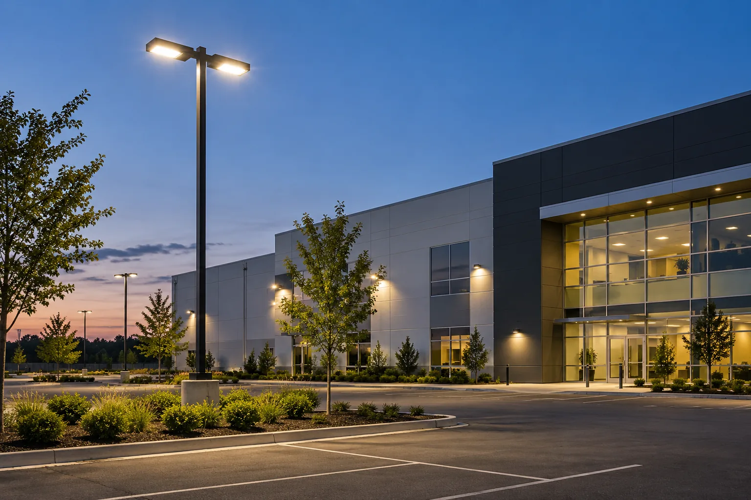 A dual-head pole light above a commercial parking area beside a glazed entrance