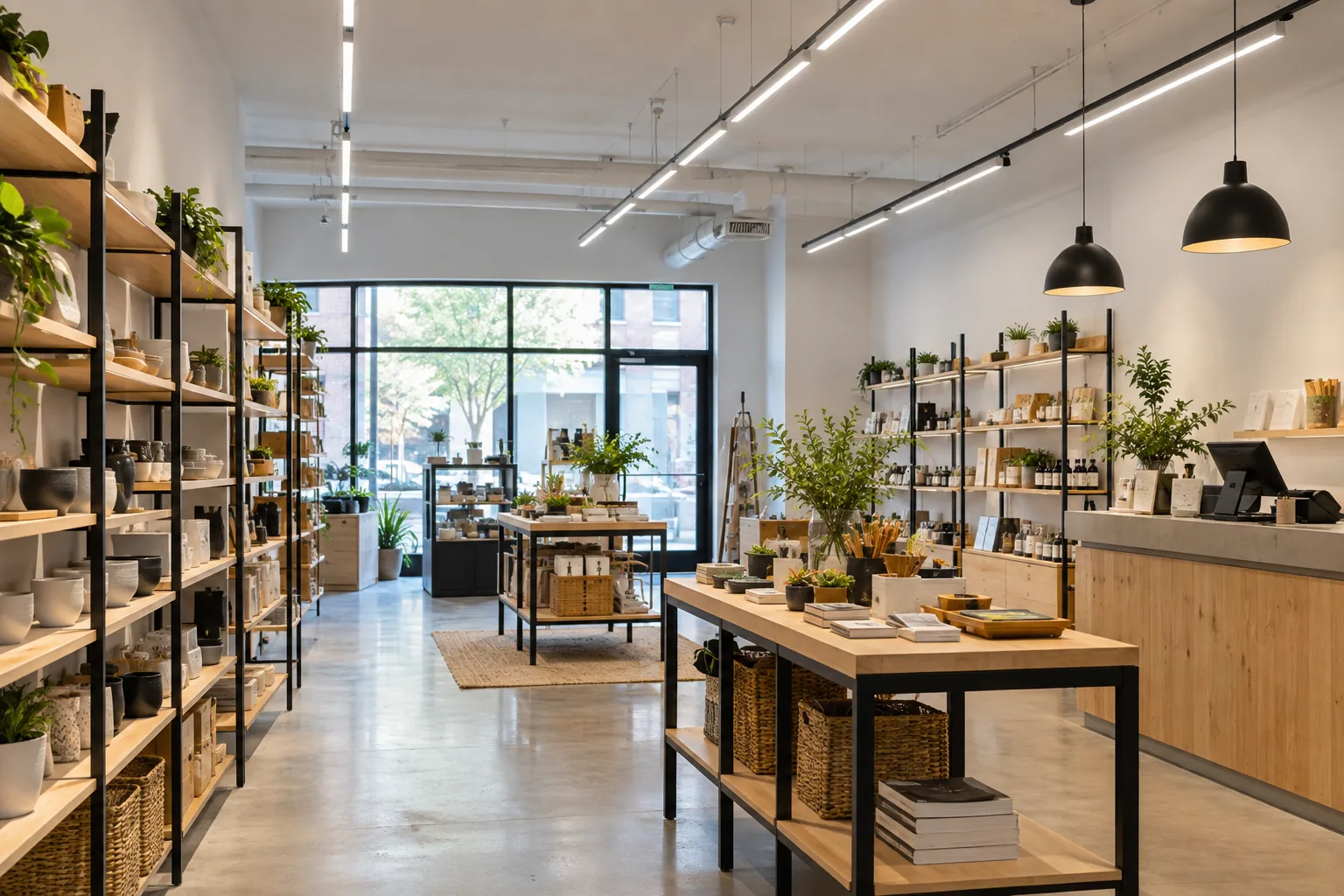 Linear fixtures and counter pendants in a small homeware retail space
