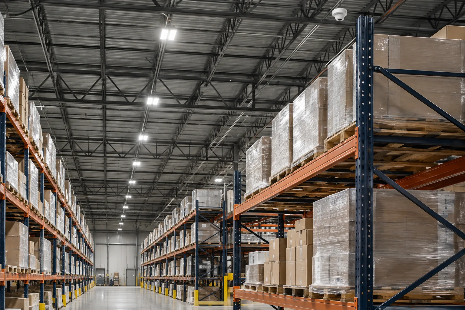 High-bay fixtures above warehouse rack ends and a storage aisle