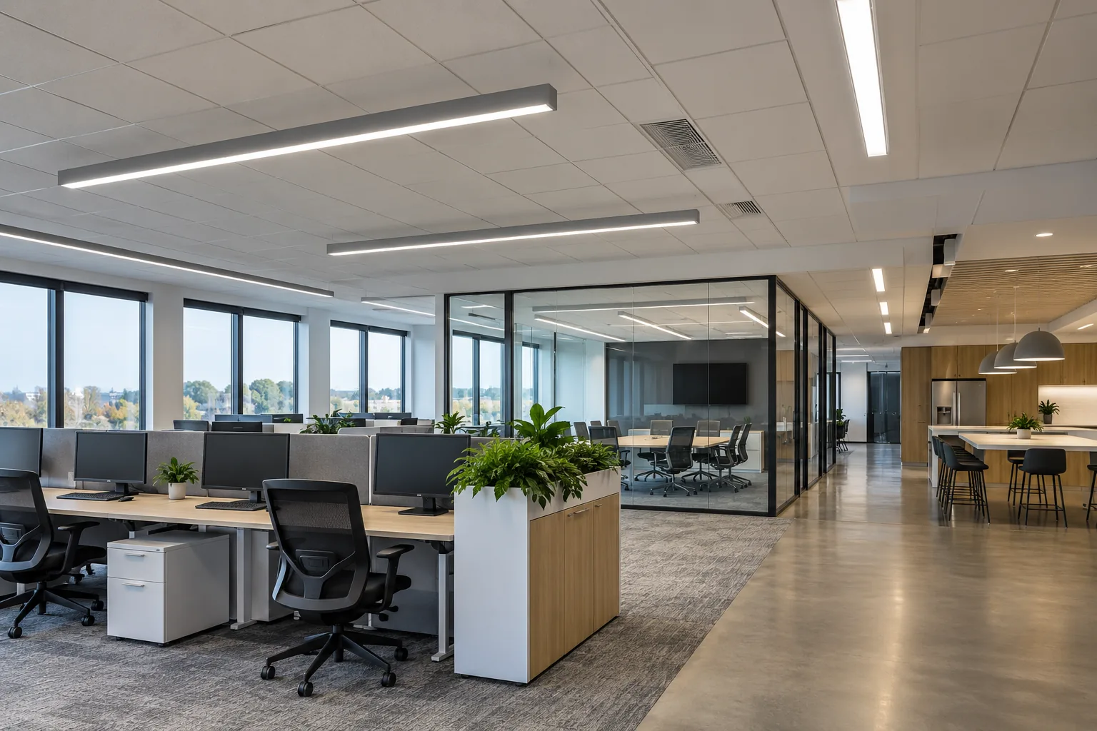 Linear ceiling fixtures across office desks, meeting rooms and a shared counter