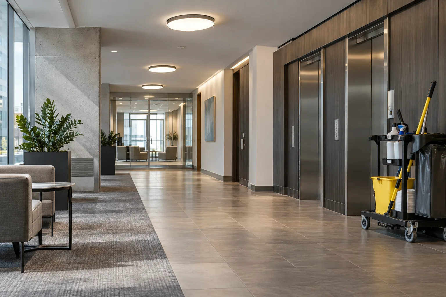 Ceiling fixtures along a commercial common corridor with a parked maintenance cart