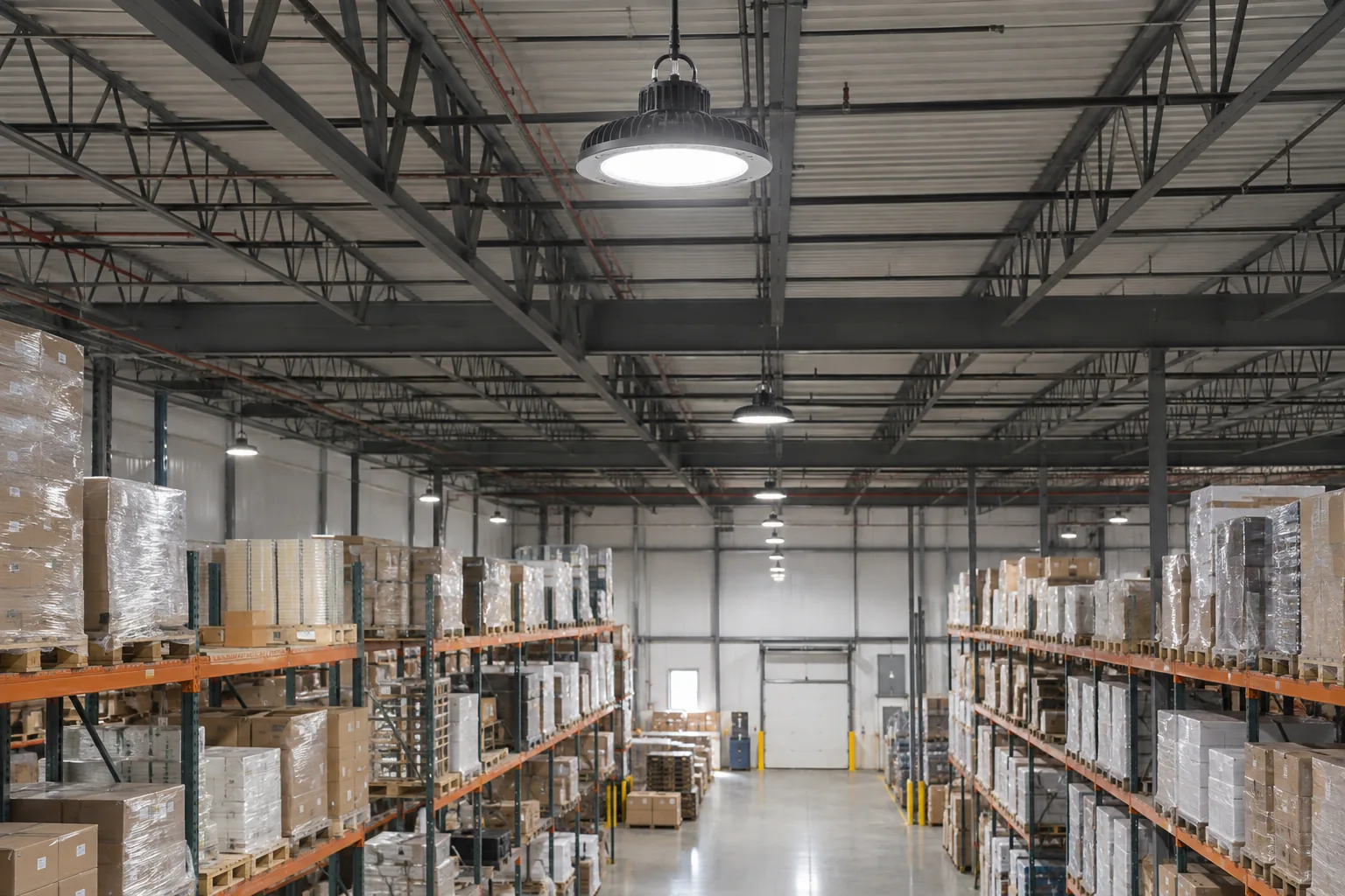 Round high-bay fixtures suspended above pallet racking and a warehouse aisle