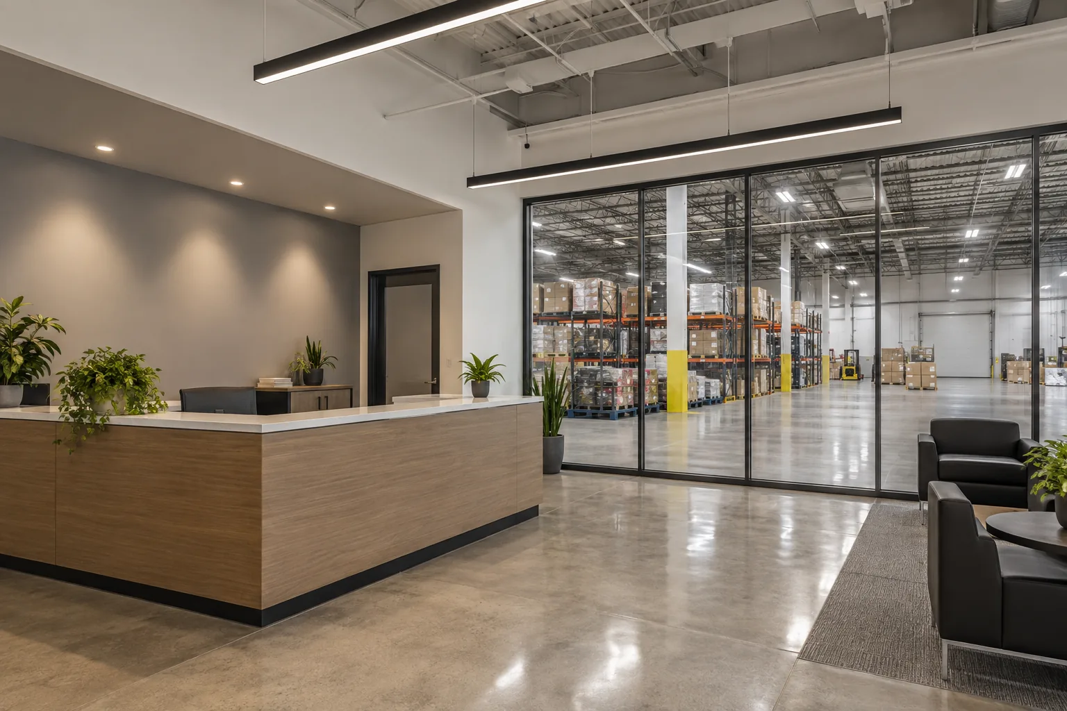 Office lighting beside glazing overlooking a warehouse storage area