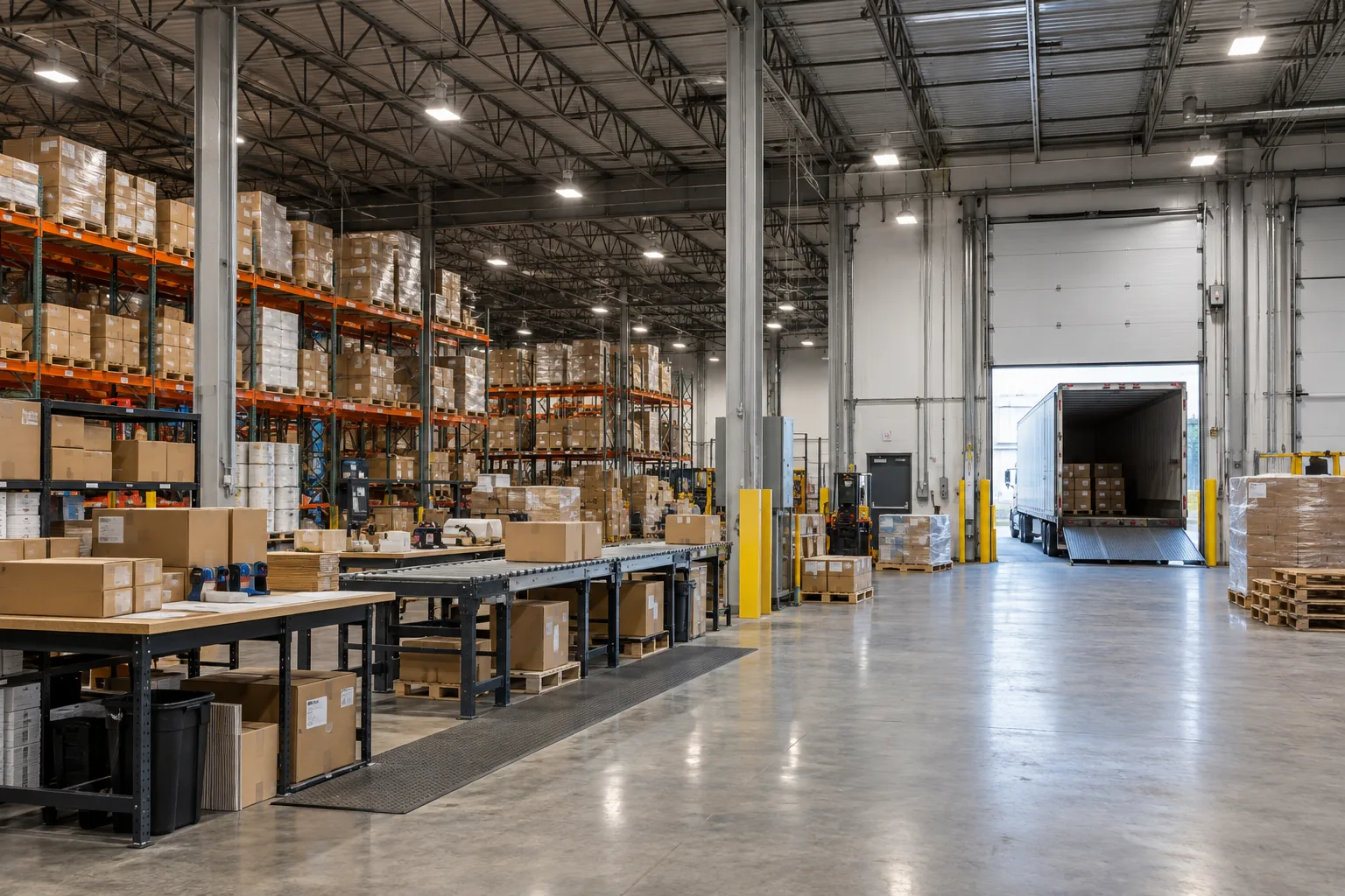 Overhead lighting across warehouse packing benches, storage and a loading bay