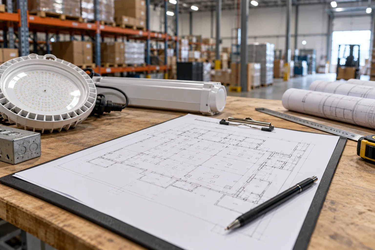 A facility floor plan and uninstalled LED fixtures on a warehouse workbench