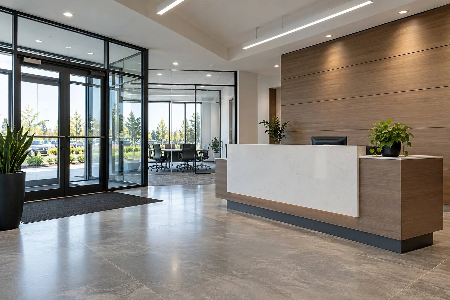 Recessed downlights in a glazed commercial entrance and reception area