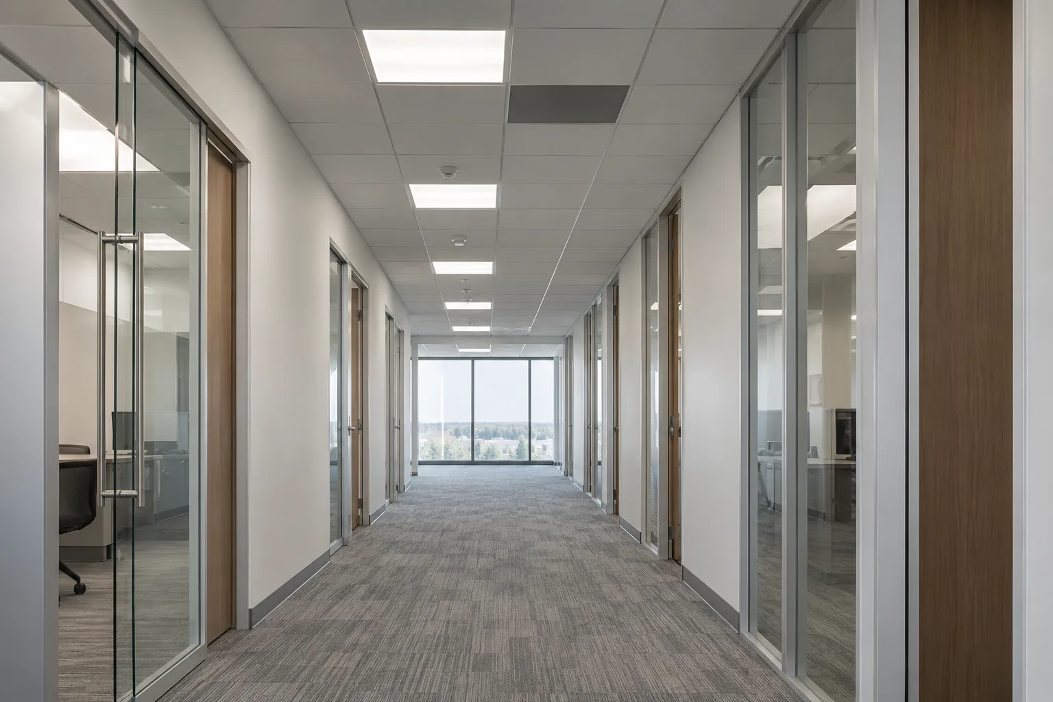 An unlit ceiling panel among illuminated fixtures along an office corridor