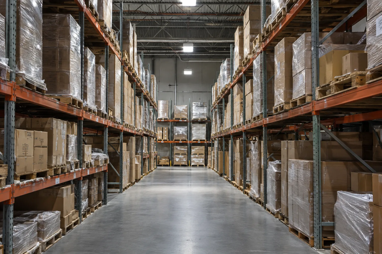 Shadowed lower rack faces beneath overhead warehouse aisle lighting