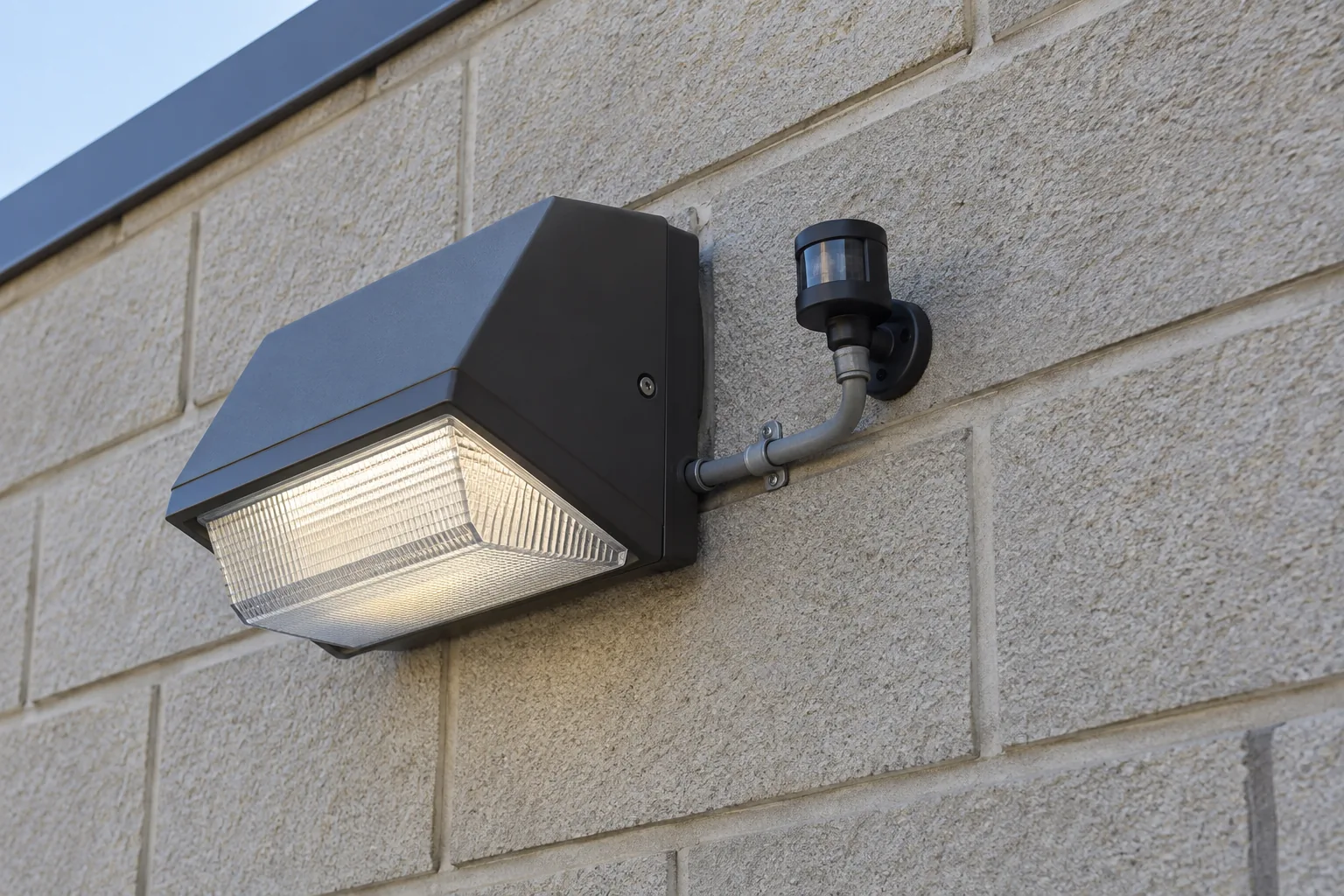 A wall pack with a nearby photocell mounted on an exterior masonry wall
