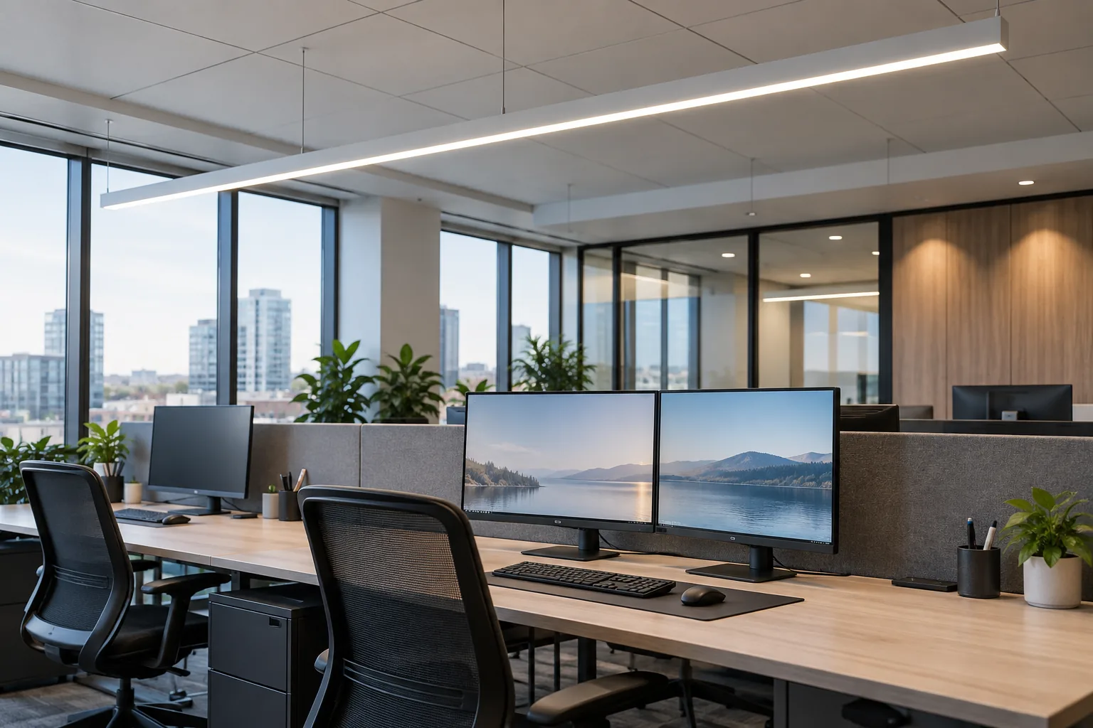 Linear office fixtures above screen workstations beside large windows