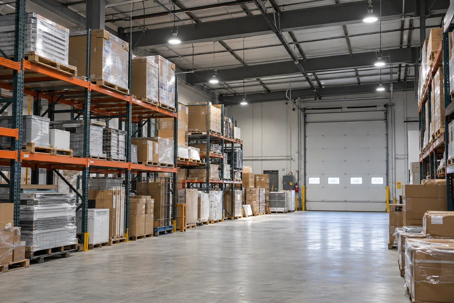 Suspended LED fixtures above warehouse inventory and a loading door
