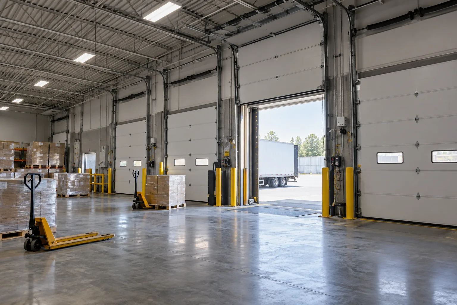 Overhead lighting at loading doors with pallet jacks on the dock floor