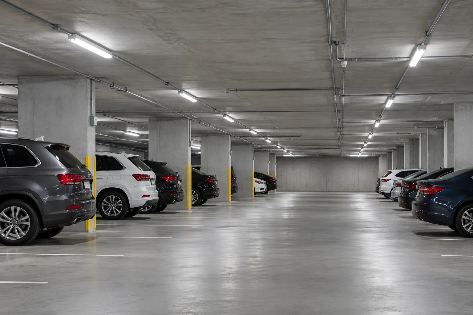 Linear ceiling fixtures above a concrete parking garage aisle