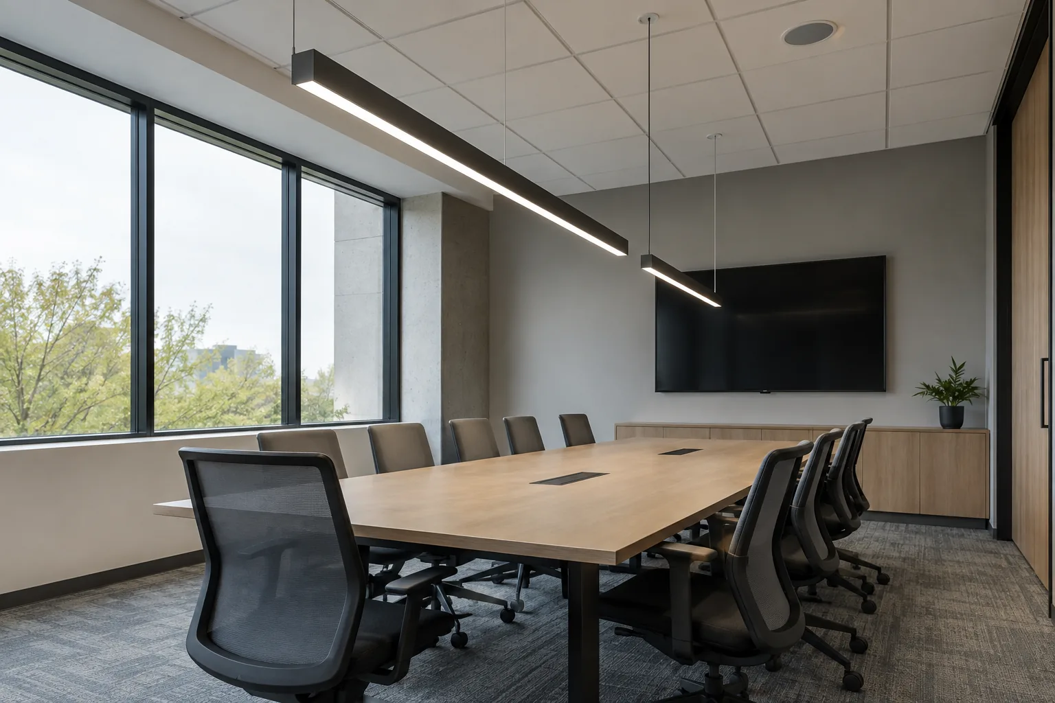 Suspended linear lighting above a commercial meeting-room table