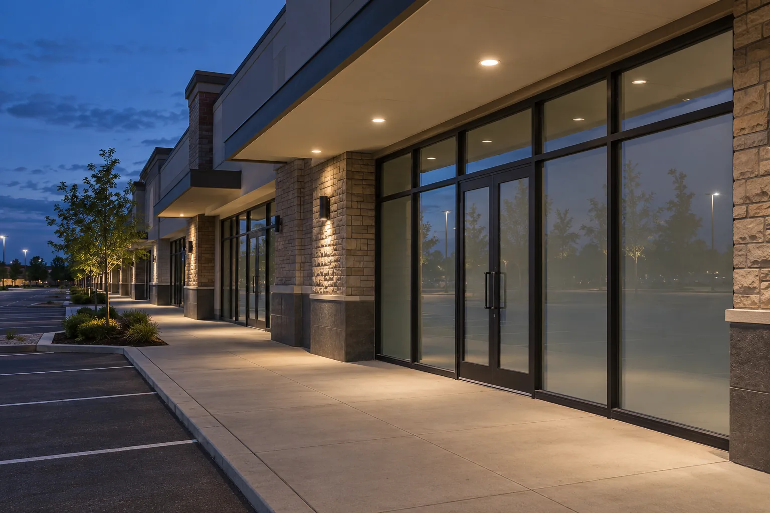 Canopy downlights along a glazed shopping-plaza walkway