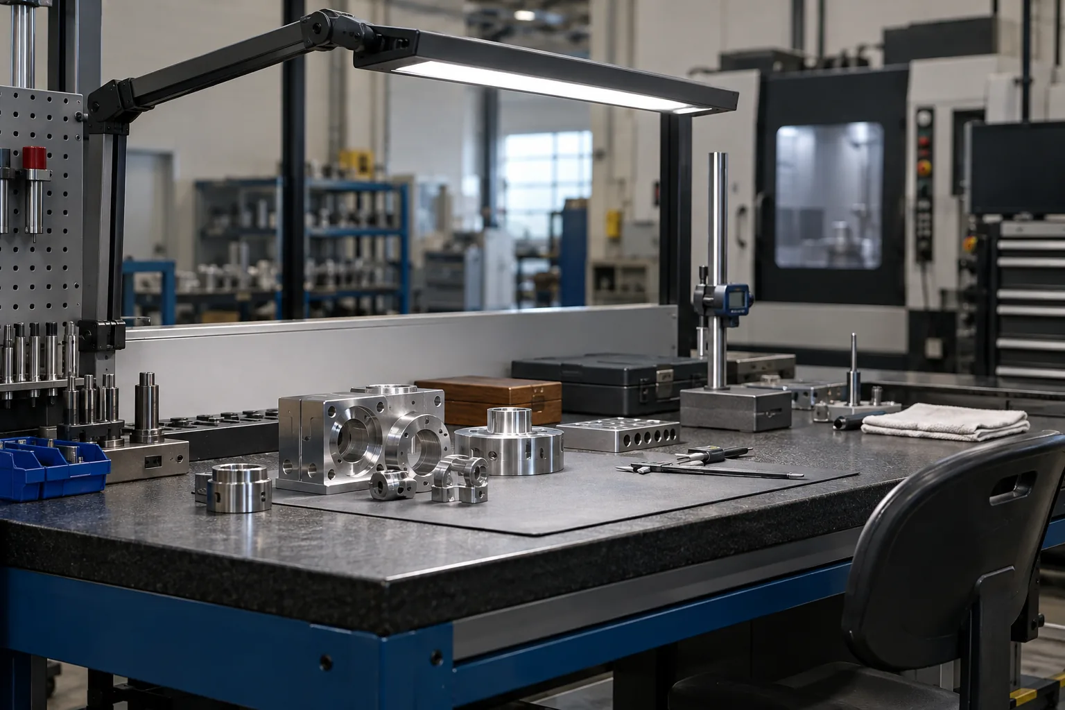 Linear task lighting above machined parts on an inspection bench