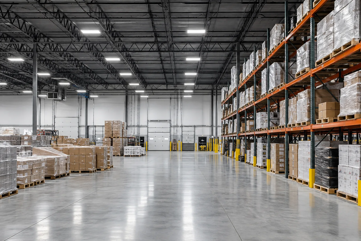 High-bay fixtures above a warehouse staging floor and pallet racks