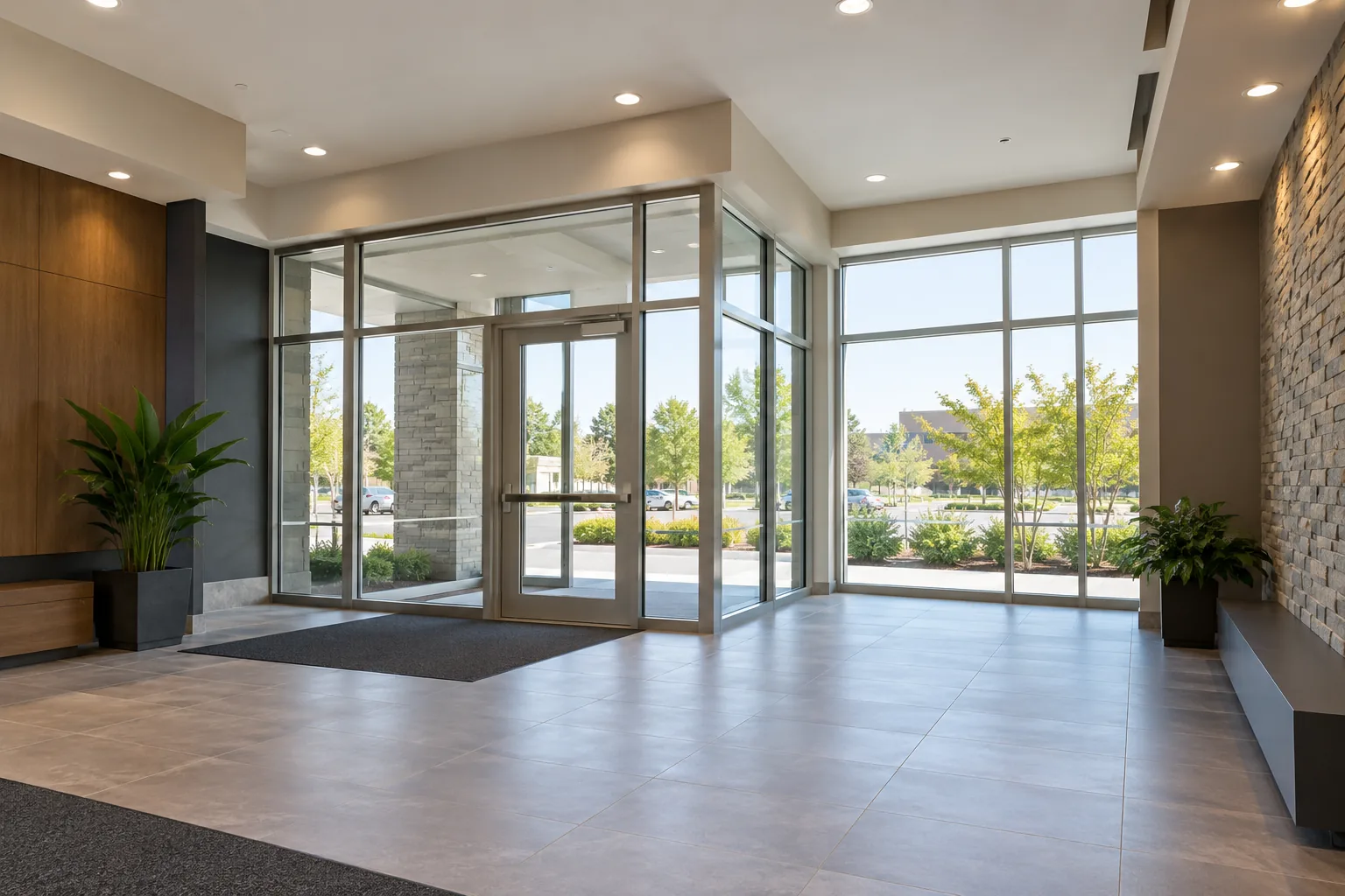 Recessed lighting in a glazed commercial entrance lobby