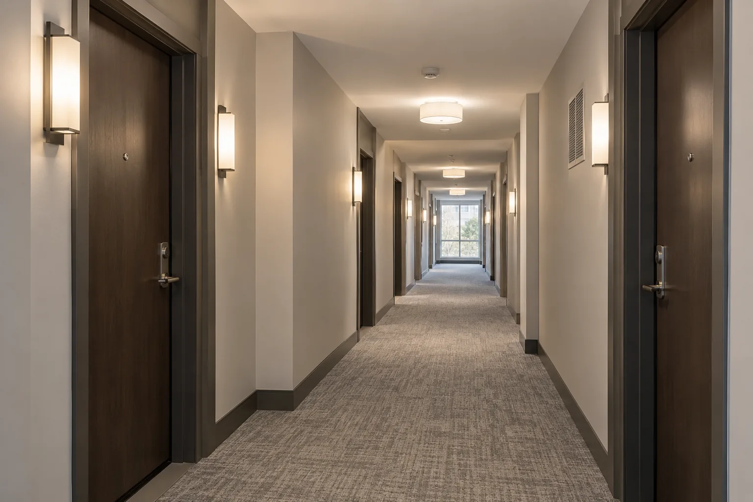 Ceiling and wall fixtures along a multi-residential common corridor