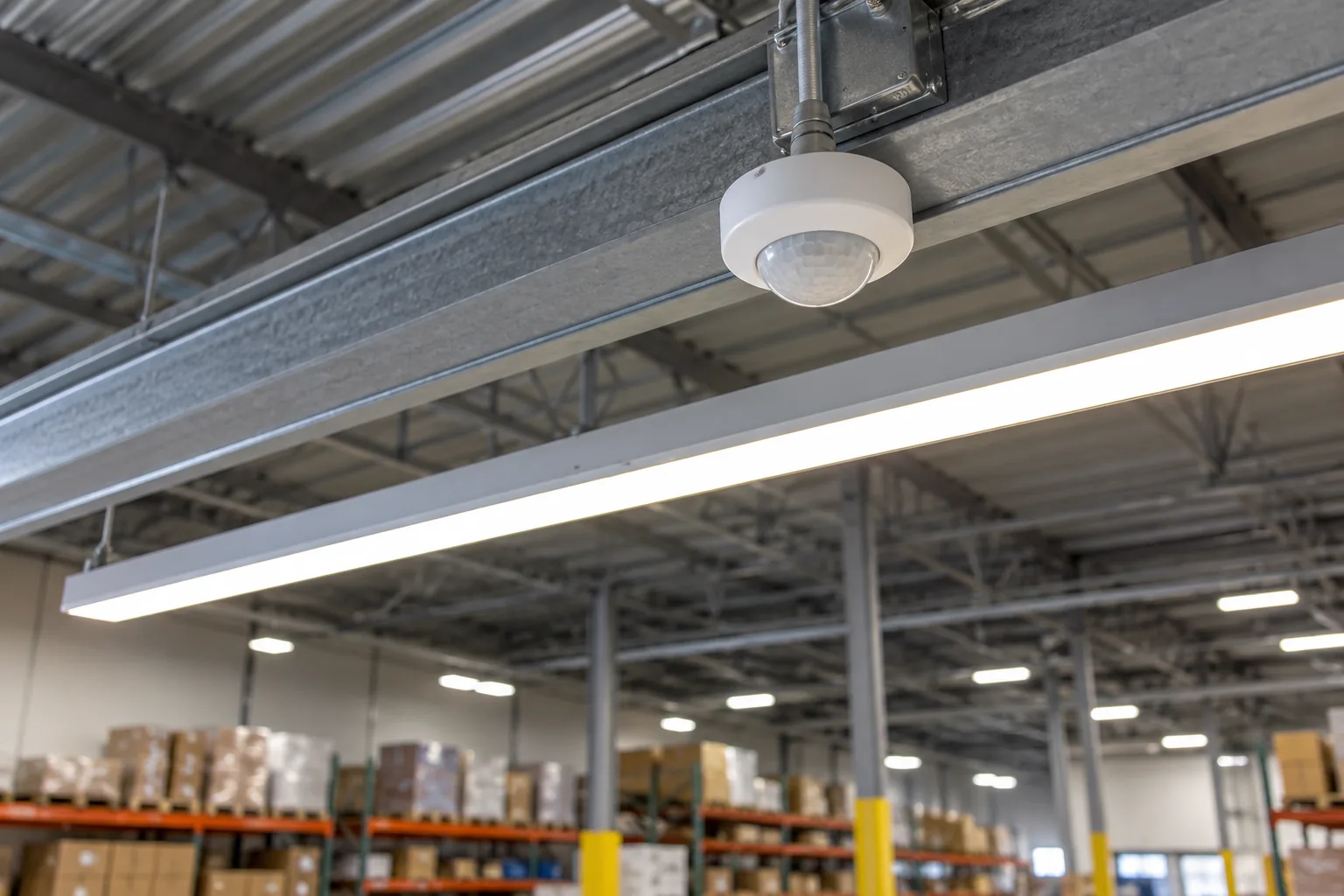 Ceiling occupancy sensor beside a suspended linear warehouse fixture
