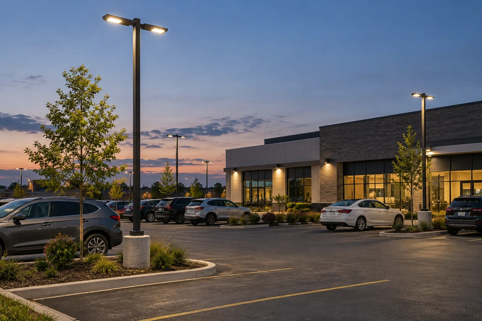 Pole-mounted lighting across a commercial parking area at dusk