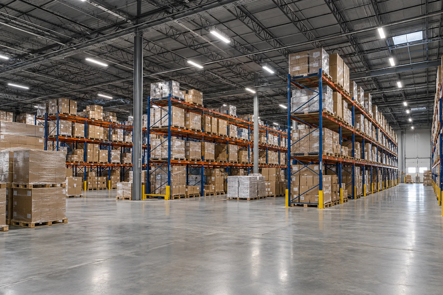 High-bay lighting above pallet racking and an open warehouse staging area