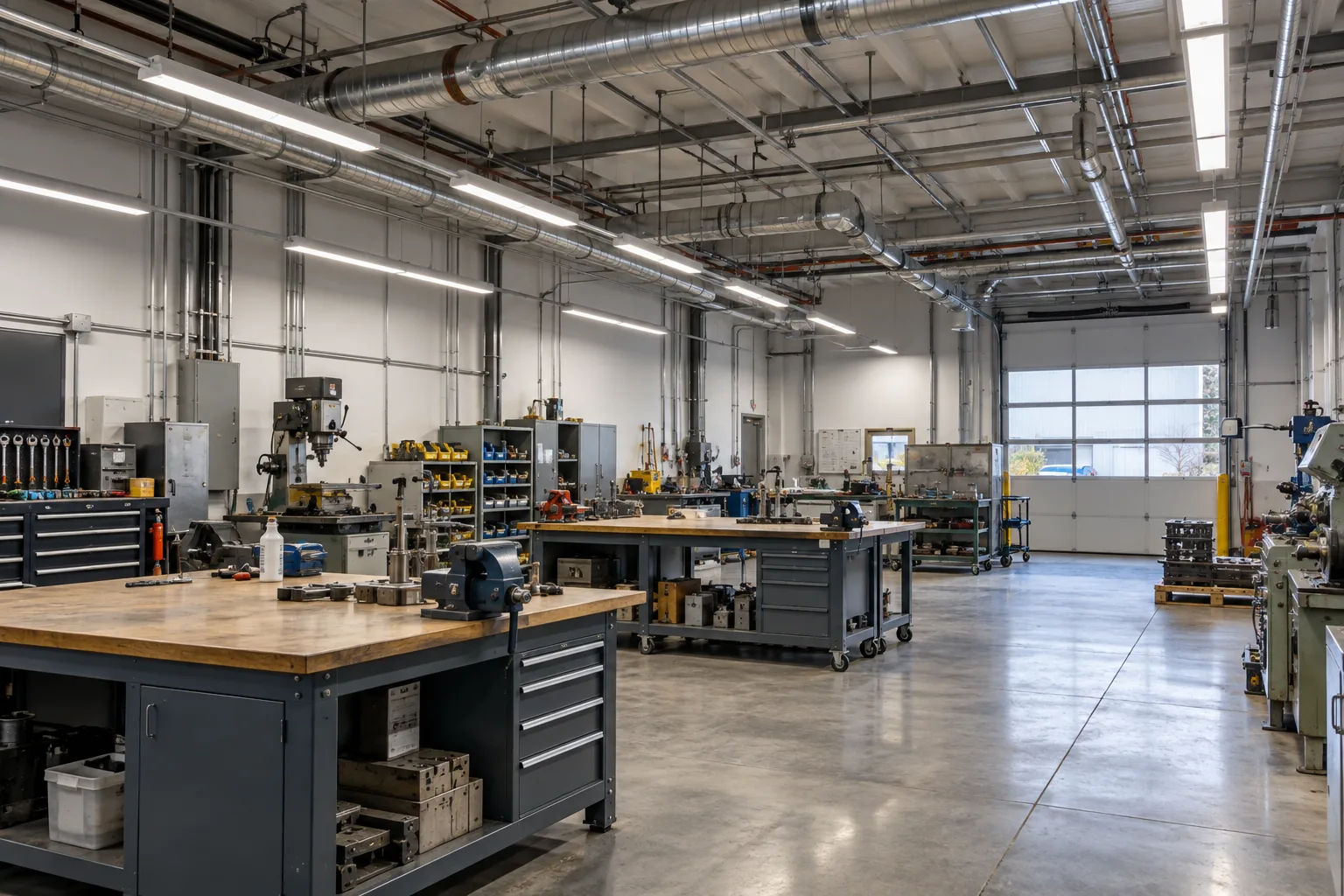 Suspended linear fixtures above workshop benches and equipment