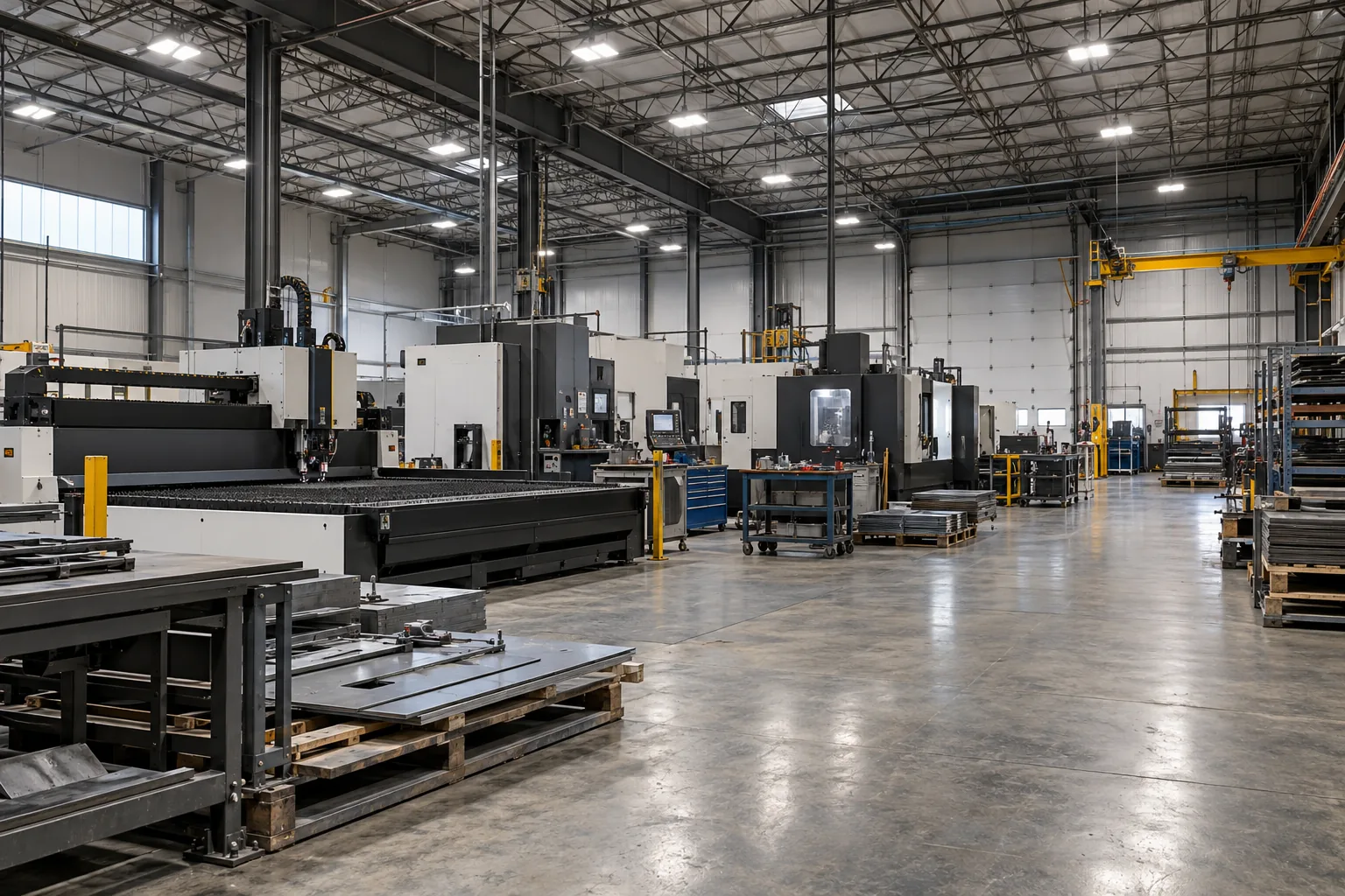 Overhead lighting across a manufacturing floor with enclosed machine tools