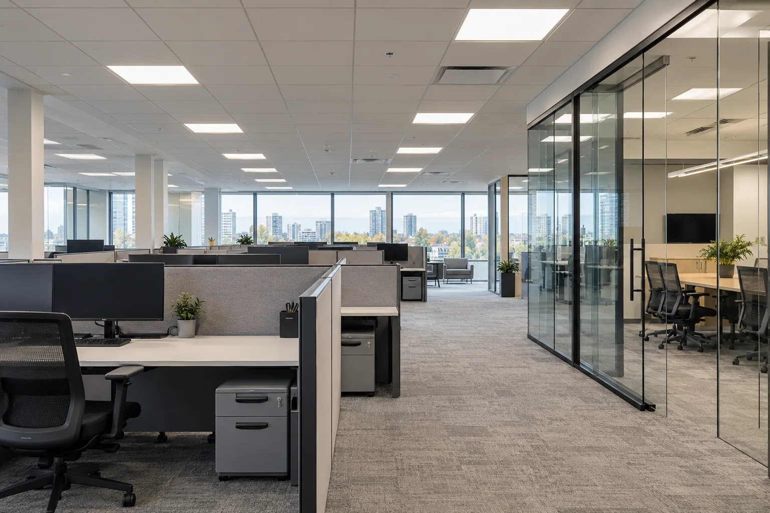 LED ceiling panels above office desks and a glazed meeting room