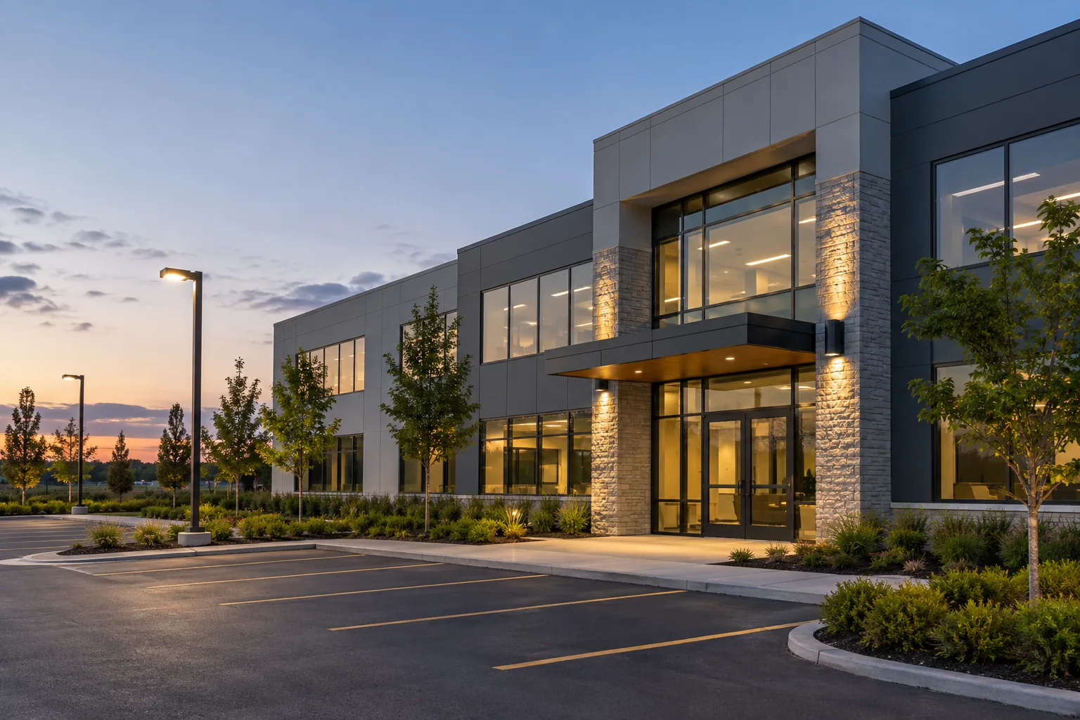 Illuminated office entrance and parking area at dusk