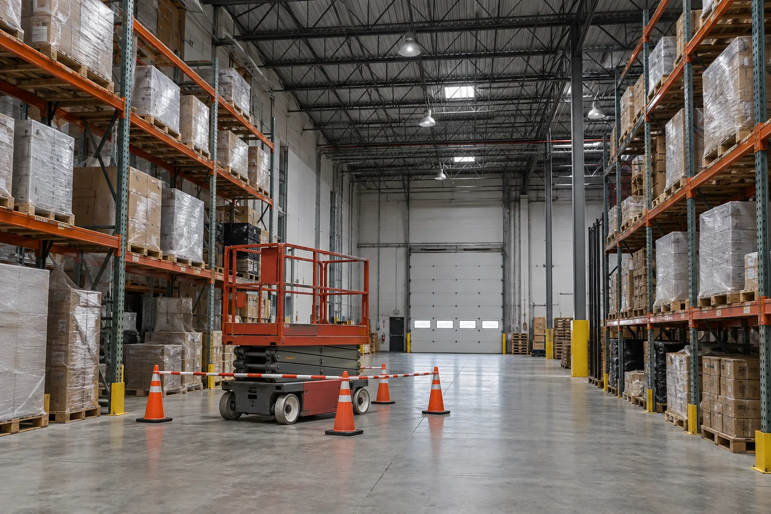 Lowered access lift within a marked warehouse work area