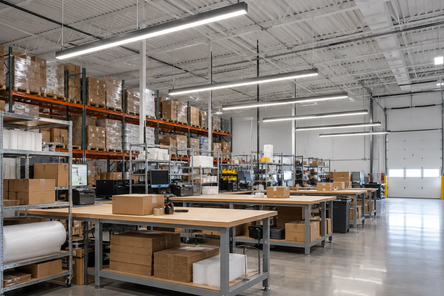 Linear LED fixtures above warehouse packing tables and storage