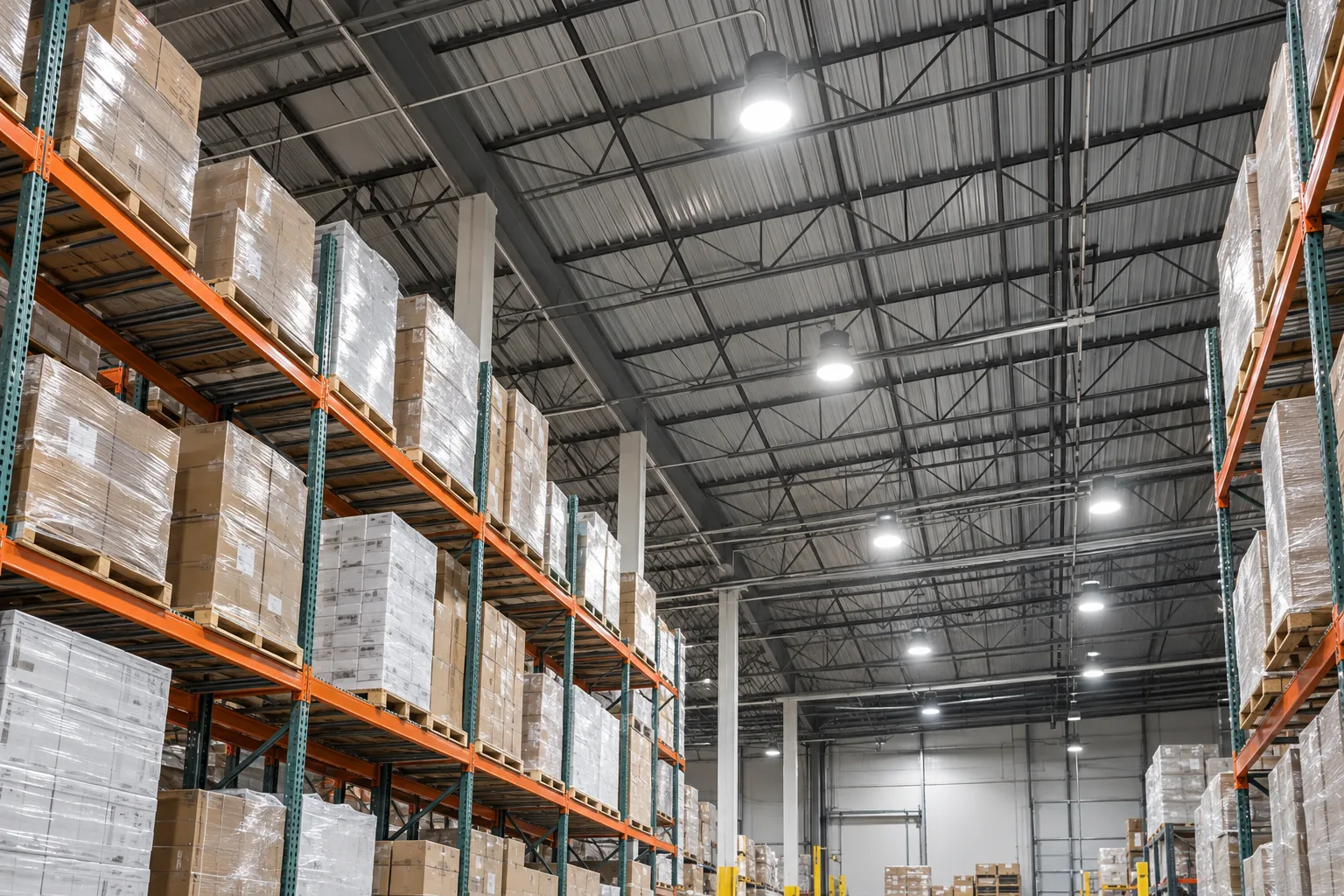 Round high-bay fixtures suspended between warehouse roof trusses
