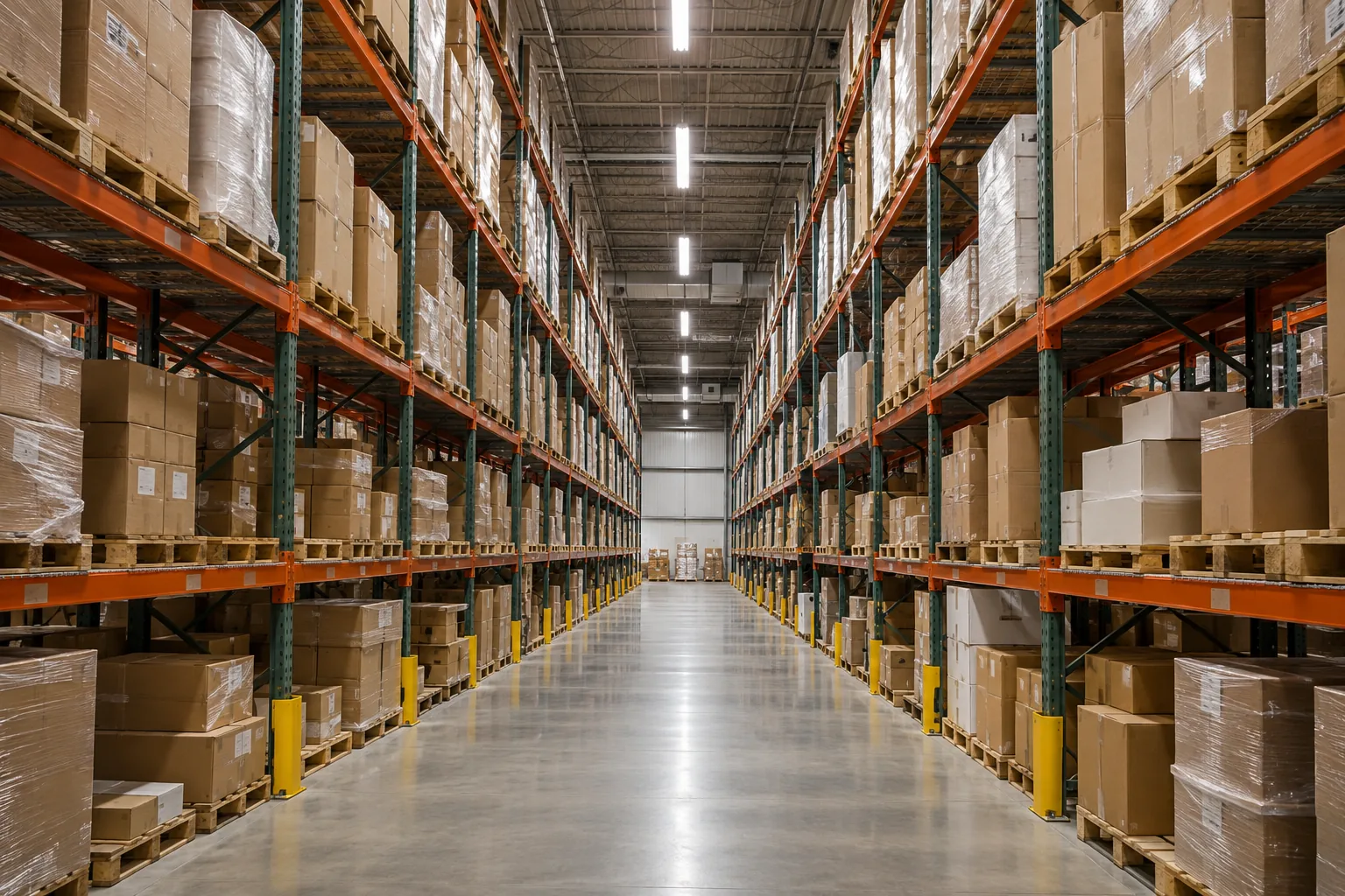 Linear aisle lighting between tall pallet racks and stored cartons