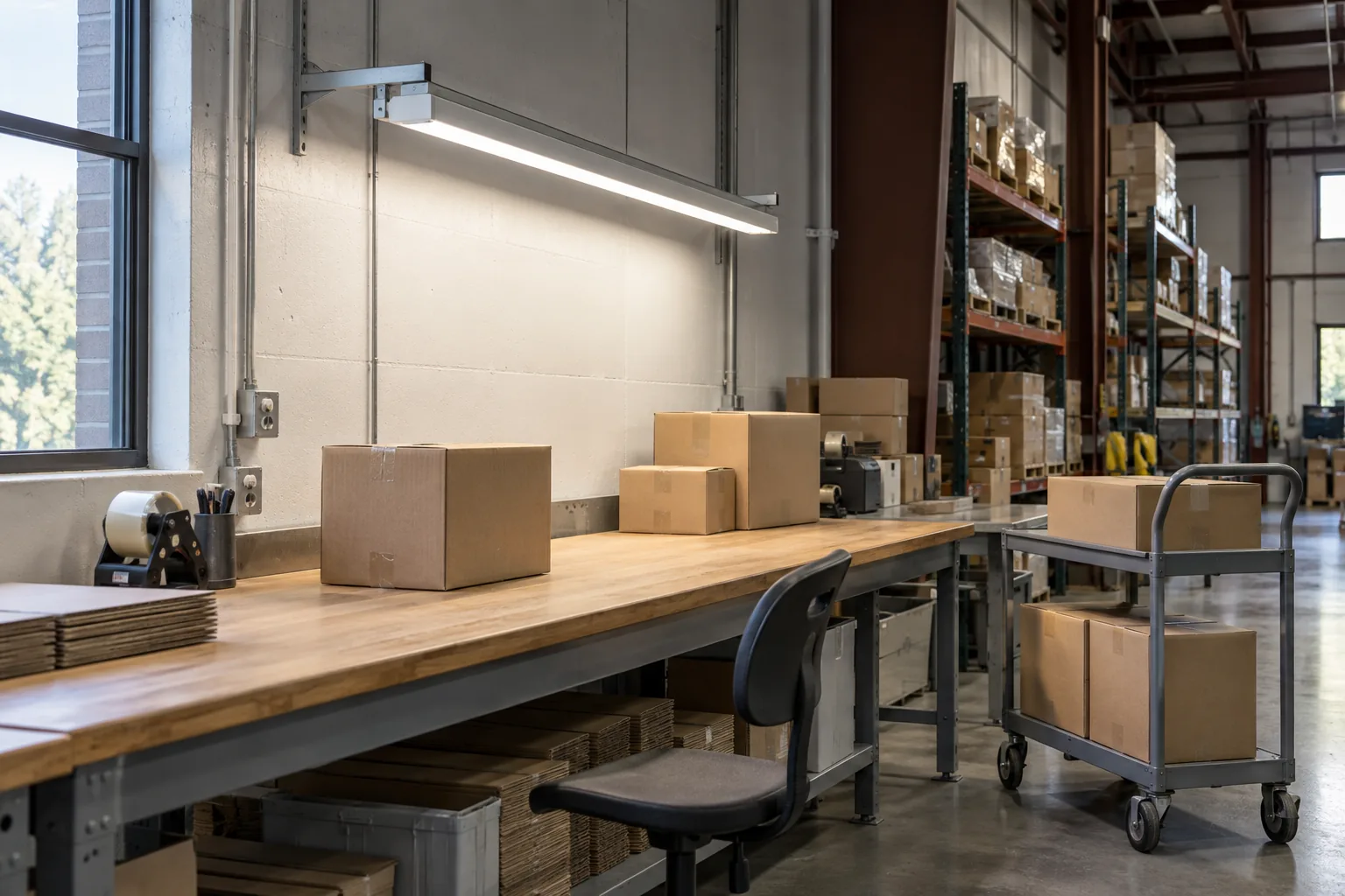 Linear task lighting over a warehouse packing bench with cartons and shelving