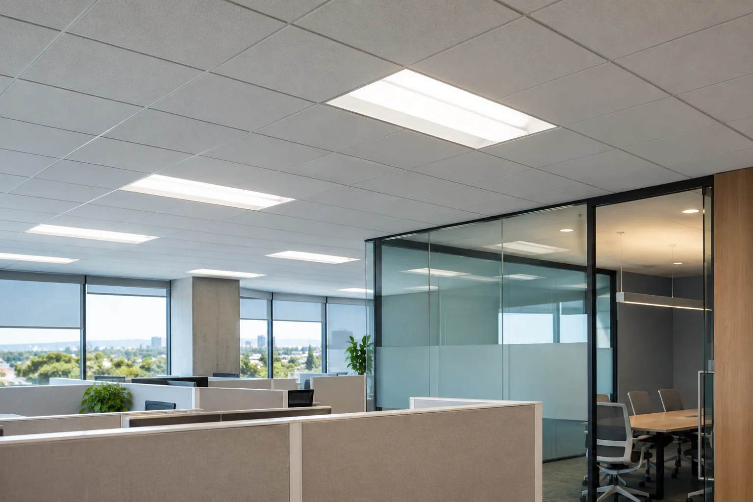 Rectangular LED ceiling panels above an office work area and glass meeting-room partition