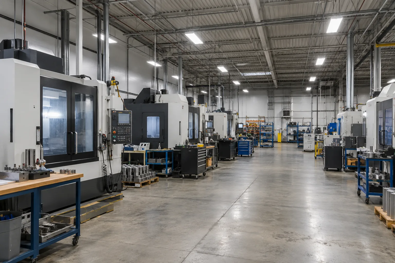 Suspended commercial lighting above enclosed manufacturing equipment and a clear aisle