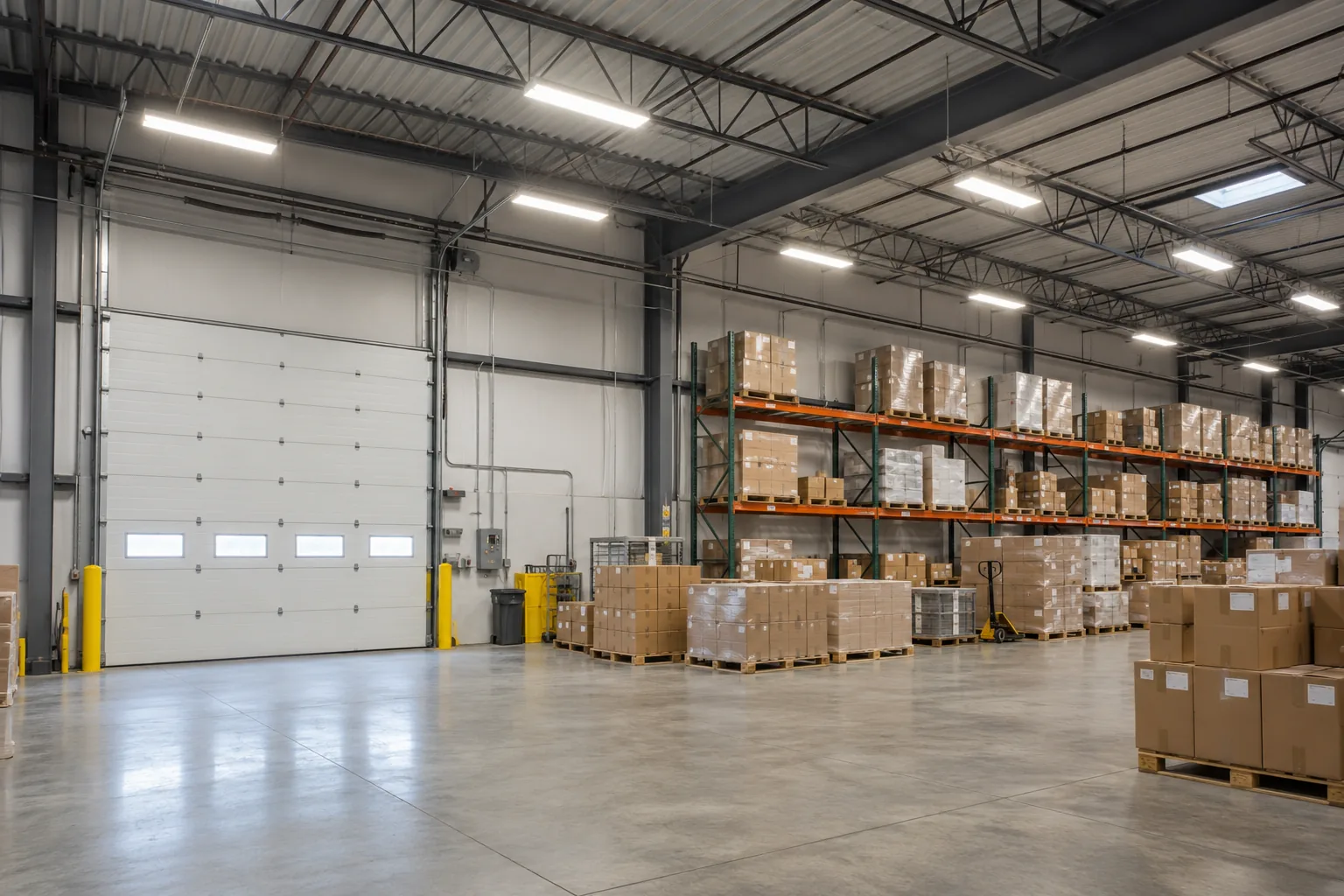 Linear high-bay lighting over a commercial receiving area with pallet storage