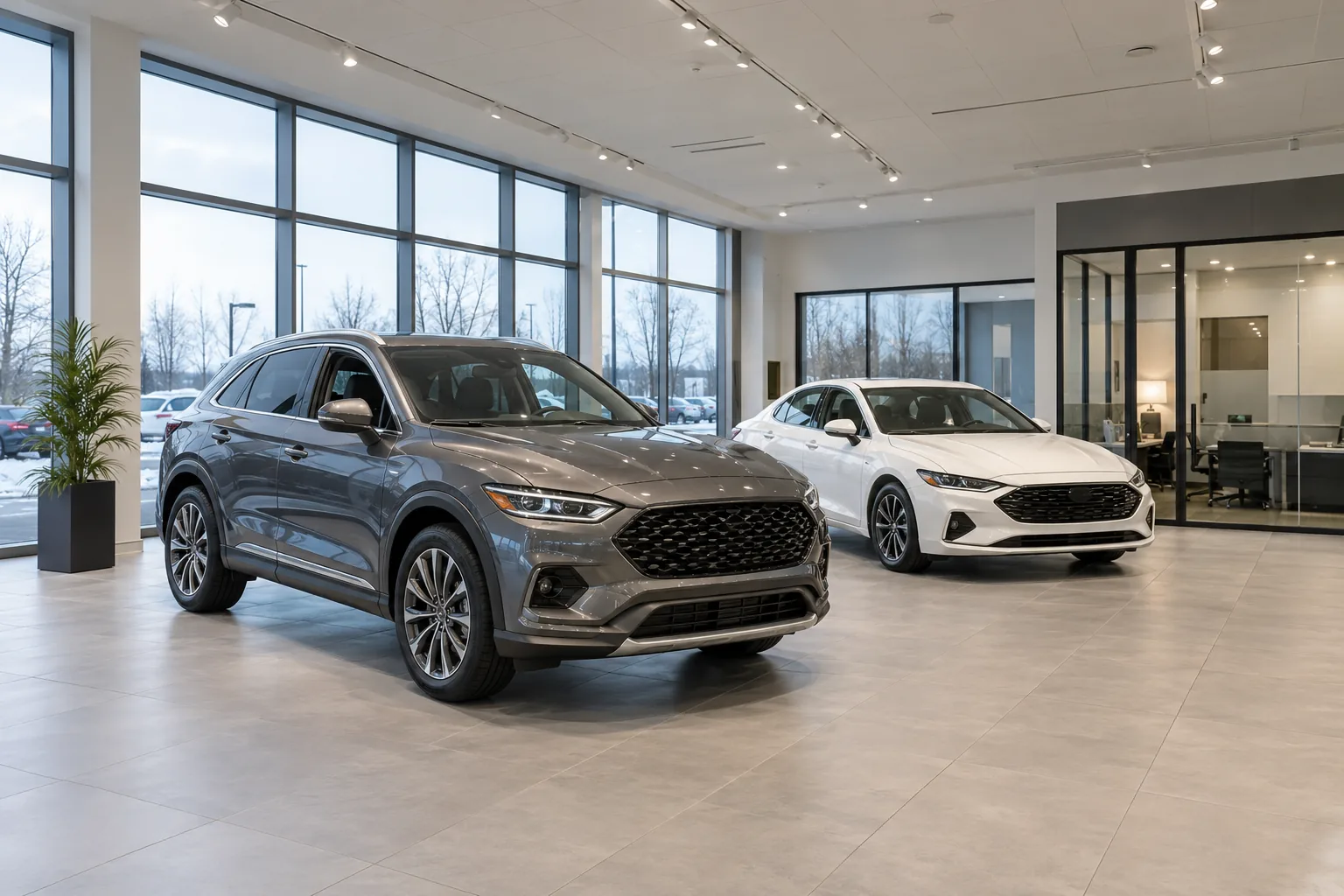 Ceiling track lighting above vehicles in a glazed automotive showroom