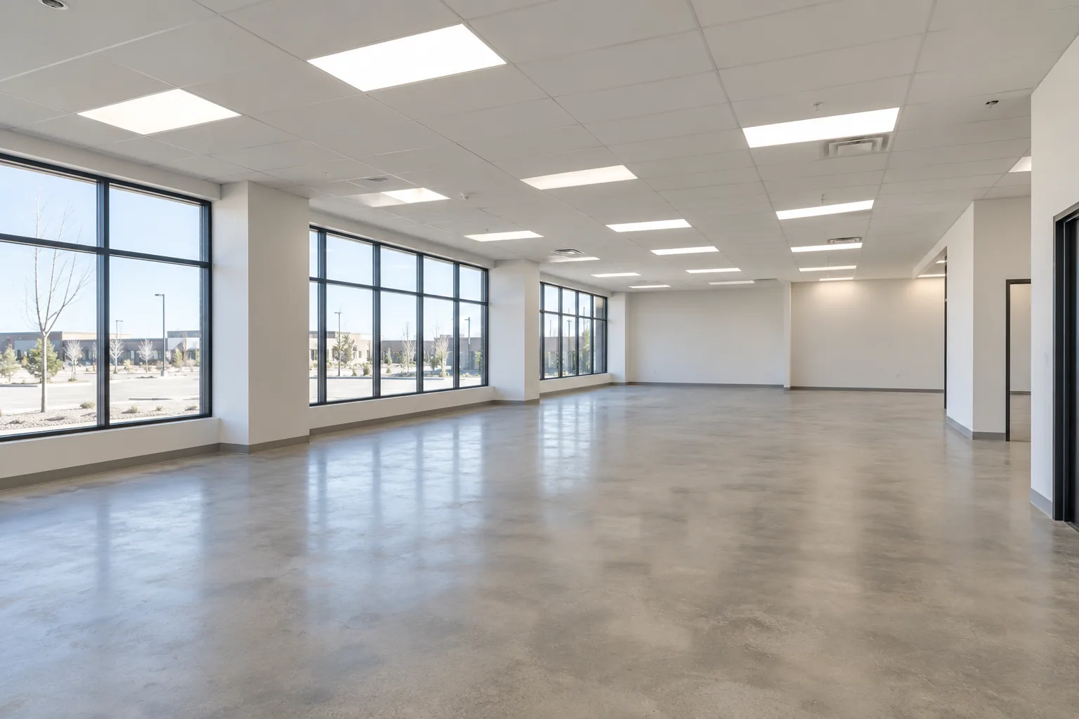 LED ceiling panels across an empty commercial tenant space