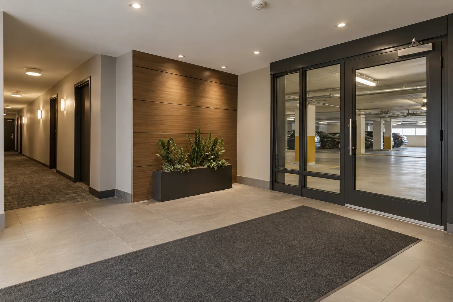 Recessed lighting in a common lobby beside corridor and parking-garage access