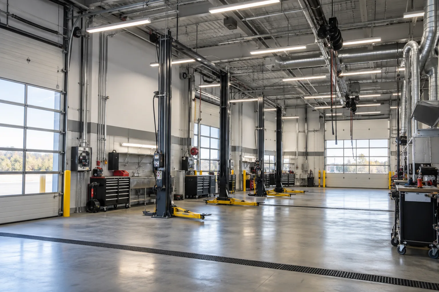 Suspended linear lighting above vehicle service bays and lift equipment