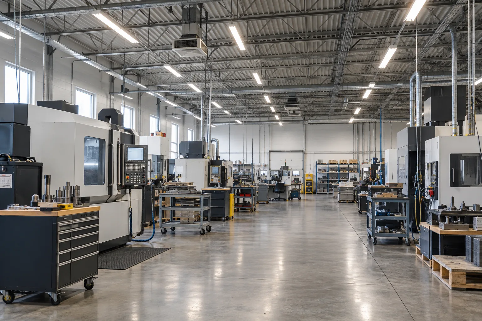 Linear overhead lighting along a manufacturing aisle between enclosed machines