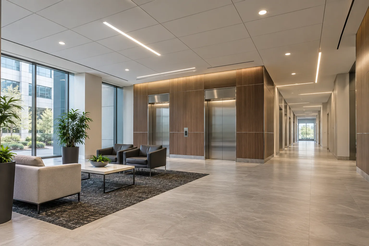 Recessed and linear lighting in an office lobby with elevator access