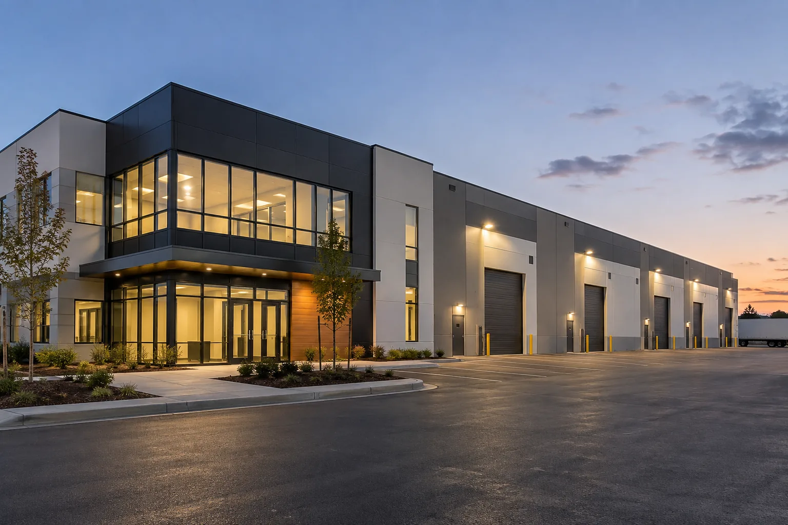 Exterior fixtures along an office-and-industrial building at dusk