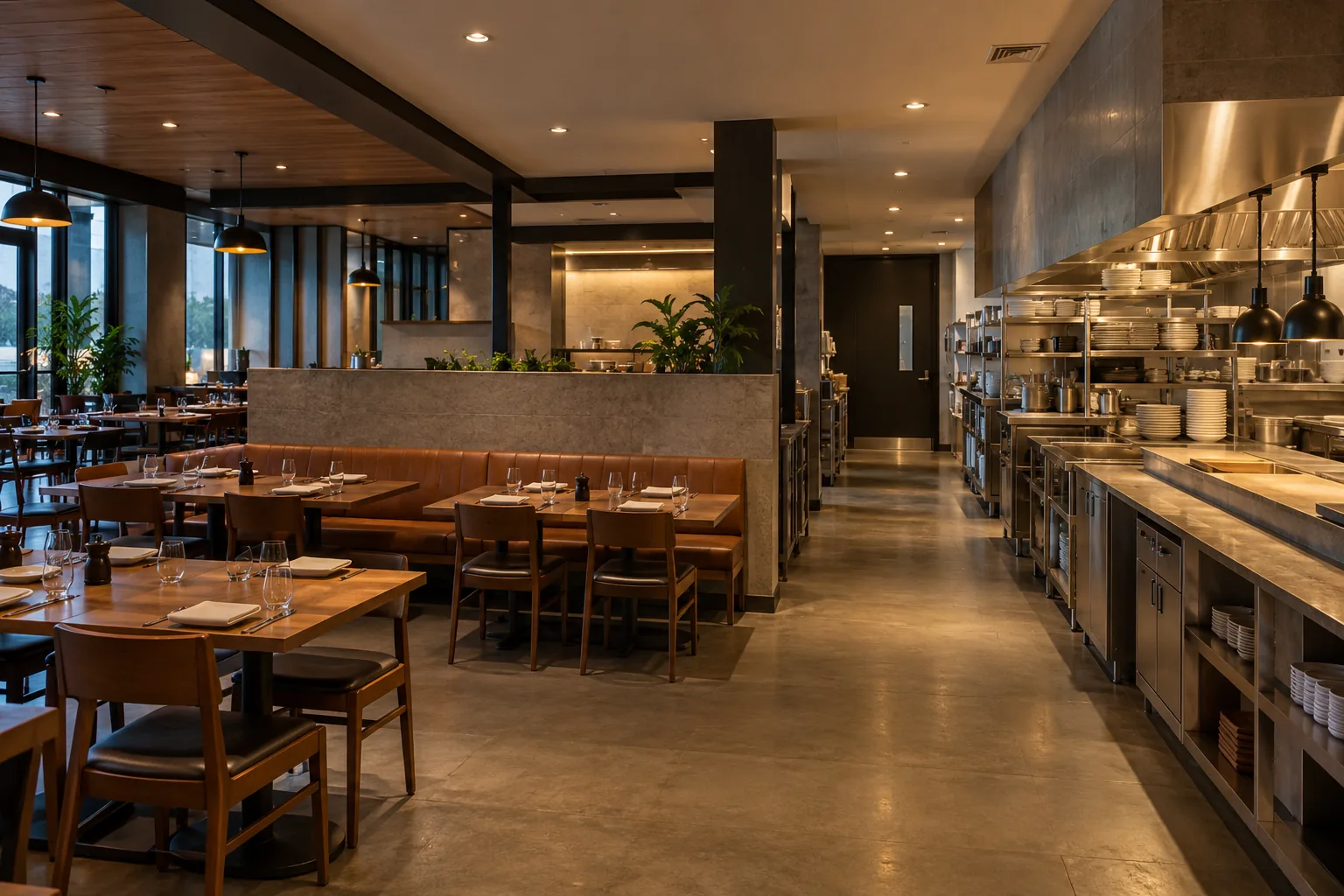 Pendants and downlights above restaurant tables and an adjoining service area